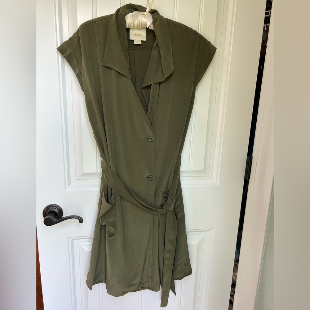 Olive green silk Maeve dress with removable belt